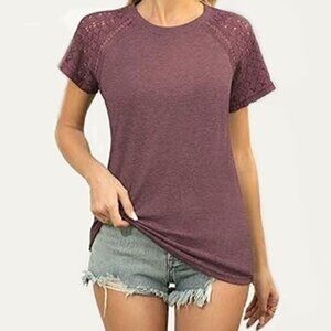Luxveer Women's Lace Short Sleeve Tops Dressy Casual Blouse Wine Red Size 3XL